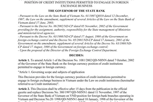 Decision No. 1168/2003/QD-NHNN of October 02, 2003, on the amendment of article 1, Decision No. 1081/2002/QD-NHNN dated 7 October, 2002 of the Governor of the State Bank on foreign currency position of credit institutions permitted to engage in foreign exchange business
