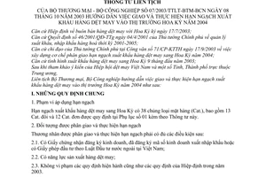 Thông tư liên tịch 07/2003/TTLT-BTM-BCN  hướng dẫn việc giao và thực hiện hạn ngạch xuất khẩu hàng dệt may vào thị trường Hoa Kỳ năm 2004