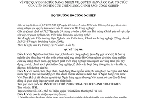 Quyết định 161/2003/QĐ-BCN chức năng, nhiệm vụ, quyền hạn cơ cấu tổ chức Viện Nghiên cứu Chiến lược, Chính sách công nghiệp