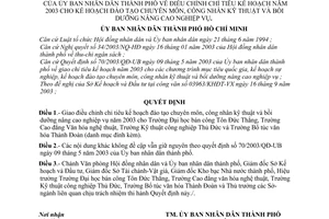 Quyết định 231/2003/QĐ-UB điều chỉnh chỉ tiêu kế hoạch năm 2003 cho kế hoạch đào tạo chuyên môn công nhân kỹ thuật bồi dưỡng nâng cao nghiệp vụ