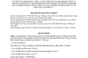 Quyết định 169/2003/QĐ-BCN chuyển Tổng đội Xây lắp điện Pleiku  thành Công ty cổ phần Xây lắp điện 3.7 sửa đổi QĐ 131/2003/QĐ-BCN