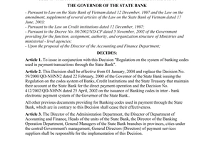Decision No.1247/2003/QD-NHNN of October 20, 2003, on the issuance of the regulation on the system of banking codes used in the payment transactions through the State Bank