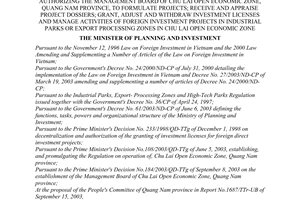 Decision No. 823/2003/QD-BKH of October 21, 2003, authorizing the management board of Chu Lai open economic zone, Quang Nam province, to formulate projects; receive and appraise project dossiers; grant, adjust and withdraw investment licenses and manage activities of foreign investment projects in industrial parks or export processing zones in Chu Lai open economic zone