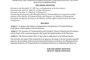 Decision No. 216/2003/QD-TTg of November 27, 2003, approving the charter on organization and operation of Vietnam railways corporation