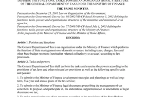 Decision No. 218/2003/QD-TTg of October 28 , 2003, defining the functions, tasks, powers and organizational structure of the general department of tax under the Ministry of Finance
