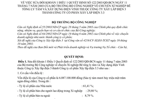 Quyết định 174/2003/QĐ-BCN sửa đổi Qđ 122/2003/QĐ-BCN chuyển Xí nghiệp Bê tông ly tâm và Xây dựng điện Vinh  thành Công ty cổ phần Xây lắp điện 3.3
