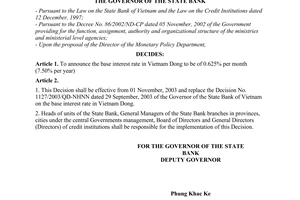 Decision No. 1429/2003/QD-NHNN of October 30, 2003, on the base interest rate in Vietnam Dong