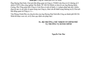Công văn 5872/VPCP-V.II tố cáo của Ông Dương Huệ Sinh (công ty TNHH Liên Hoa)