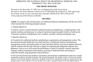 Decision No. 222/2003/QD-TTg of November 03, 2003 approving the national policy on traditional medicine and pharmacy till the year 2010