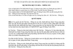 Quyết định 3865/QĐ-BVHTT ủy quyền cấp, thu hồi giấy phép xuất bản