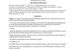 Decision No. 227/2003/QD-TTg of November 6 , 2003, approving the adjusted general planning of Bien Hoa city, Dong Nai province till 2020