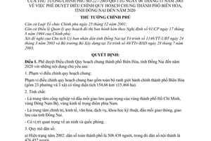 Quyết định 227/2003/QĐ-TTg phê duyệt điều chỉnh Quy hoạch chung thành phố Biên Hòa, tỉnh Đồng Nai đến năm 2020
