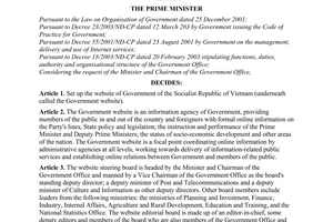 Decision No. 229/2003/QD-TTg of November 07, 2003 establishing the website of the government of The Socialist Republic of Vietnam on the internet