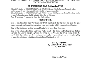 Quyết định 52/2003/QĐ-BGDĐT Danh mục thiết bị dạy học môn học giáo dục quốc phòng trong trường đại học cao đẳng trung học chuyên nghiệp phổ thông