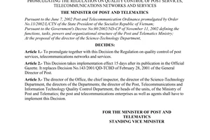 Decision No. 176/2003/QD-BBCVT of November 10, 2003, promulgating the regulation on quality control of post services, telecommunications networks and services.