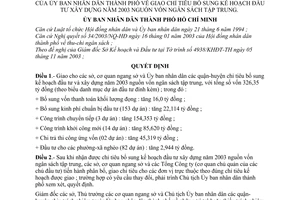 Quyết định 250/2003/QĐ-UB giao chỉ tiêu bổ sung kế hoạch đầu tư xây dựng năm 2003 nguồn vốn ngân sách tập trung