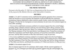 Decision No. 231/2003/QD-TTg of November 12, 2003, adding and renaming communes under the program on socio-economic development in special difficulty-hit communes, mountainous regions inhabited by ethnic minority people, border, remote and deep-lying areas.