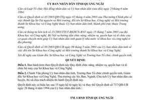 Quyết định 217/2003/QĐ-UB quyền hạn và tổ chức bộ máy của Sở Khoa học Quảng Ngãi