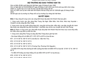 Quyết định 3395/2003/QĐ-BGTVT vùng nước cảng biển thuộc địa phận Khánh Hòa khu vực trách nhiệmCảng vụ Nha Trang