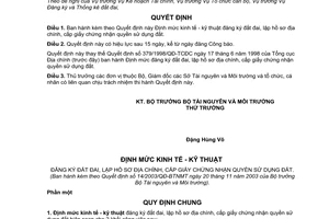 Quyết định 14/2003/QĐ-BTNMT định mức kinh tế - kỹ thuật đăng ký đất đai, lập hồ sơ địa chính, cấp giấy chứng nhận quyền sử dụng đất