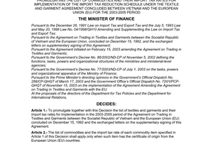 Decision No. 192/2003/QD-BTC of November 25, 2003, promulgating the list of commodities and their import tax rates for implementation of the import tax reduction schedule under the textile and garment agreement concluded between Vietnam and the European union (EU) for the 2003-2005 period