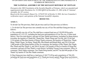 Resolution No. 22/2003/QH11 of November 26, 2003, on division and adjustment of the administrative boundaries of a number of provinces.