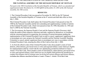 Resolution No. 24/2003/QH11 of November 26, 2003, on the implementation of the Criminal Procedure Code.