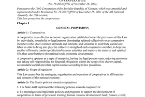 Law No. 18/2003/QH11 of November 26th, 2003, on cooperatives