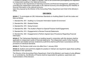 Decisin No. 195/2003/QD-BTC of November 28, 2003, on the issuance and publication of six Vietnamese Standards on Auditing (batch 5).