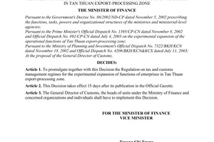 Decision No. 194/2003/QD-BTC of November 28, 2003, promulgating the regulation on tax and customs management regimes for the experimental expansion of functions of enterprises in Tan Thuan export-processing zone.