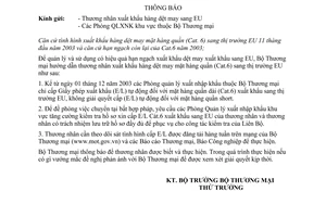 Thông báo 5413 TM/XNK cấp E/L mặt hàng quần dài (Cat.6) xuất khẩu sang EU