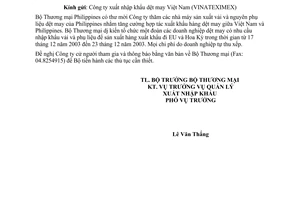 Công văn 5635/TM-XNK tổ chức đoàn doanh nghiệp thăm các cơ sở sản xuất vải và nguyên phụ liệu dệt may của Philippines