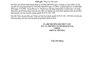 Công văn 3157/TS-KHTCtiều chuẩn ngành về thức ăn nuôi tôm áp dụng trong QĐ 20/2003/QĐ-BTS