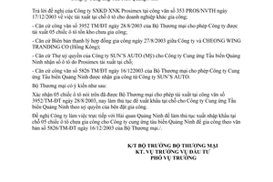 Công văn 5889/TM-ĐT trả lời đề nghị của Công ty SXKD XNK Prosimex