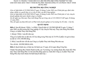 Quyết định 204/2003/QĐ-BCN chuyển Nhà máy Thuỷ tinh Hưng Phú thành Công ty cổ phần Thuỷ tinh Hưng Phú sửa đổi Quyết định 130/2003/QĐ-BCN