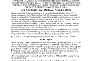 Quyết định 5242/2003/QĐ-UB sáp nhập Công ty Công trình đô thị Bình Thạnh vào Quản lý nhà quận Bình Thạnh đổi tên thành Công ty Dịch vụ công ích