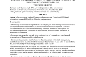 Decision No. 256/2003/QD-TTg of December 2 , 2003, approving the national strategy on environmental protection till 2010 and orientations towards 2020