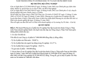 Quyết định 205/2003/QĐ-BCN chuyển Xí nghiệp Xây lắp Luyện kim thuộc Công ty Thép miền Nam thành Công ty cổ phần Đầu tư và Xây dựng miền Nam