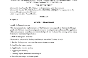 Decree No. 150/2003/ND-CP of December 8, 2003, detailing the implementation of the ordinance on safeguards in the import of foreign goods into Vietnam