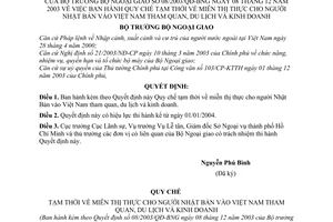 Quyết định 08/2003/QĐ-BNG Quy chế tạm thời miễn thị thực cho người Nhật bản vào Việt Nam tham quan, du lịch kinh doanh