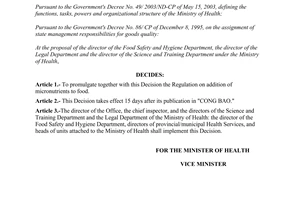 Decision No. 6289/2003/QD-BYT of December 9, 2003, promulgating the regulation on addition of micronutrients to food.