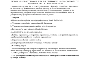 Circular No. 11/2003/TT-NHNN of December 11, 2003, providing guidance on foreign exchange activity for the purchase of Government bonds in foreign currency by organizations, individuals in accordance with the Decision No. 182/2003/QD-TTg dated 5 September, 2003 of the Prime Minister