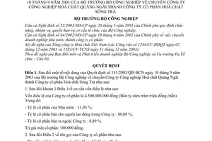 Quyết định 214/2003/QĐ-BCN chuyển Công ty Công nghiệp Hoá chất Quãng Ngãi thành Công ty cổ phần Hoá chất Sông Trà