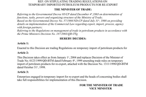 Decision No. 1752/2003/QD-BTM of December 15, 2003, on stipulating trading regulations on temporary imported petroleum products for re-export