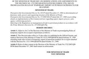 Decision No. 1753/2003/QD-BTM of December 15, 2003, on modifications and amendments to the Decision No. 1752/2003/QD-BTM dated December 15th, 2003 on promulgating rules of temporary import of petroleum products for re-export