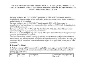 Circular No. 09/2003/TT-BTM of December 15, 2003, on providing guidelines for Decision No. 91/2003/QD-TTg dated May 9, 2003 of the Prime Minister on application of quotas to goods imported to Vietnam in the year of 2004