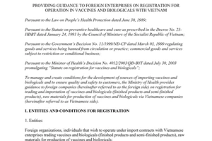 Circular No. 10/2003/TT-BYT guidance to foreign enterprises on registration for operation in vaccines