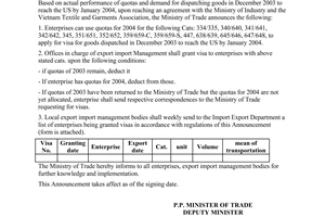 Annoucement No. 5746/TM-XNK of December 17, 2003, re Granting visa for goods exported to the US in December 2003