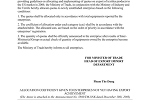 Announcement No. 5880/TM-XNK of December 19, 2003, re Quotas allocation to new enterprises