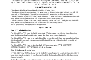 Quyết định 267/2003/QĐ-TTg chức năng, nhiệm vụ, quyền hạn cơ cấu tổ chức Cục Hàng không Việt Nam